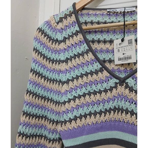 Zara womens small cropped purple beige open knit cotton sweater - Picture 3 of 7
